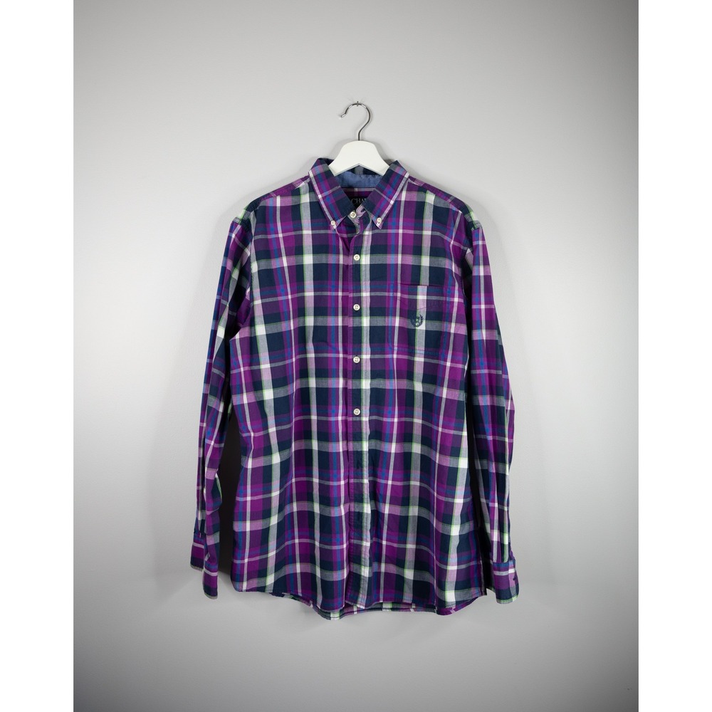 Chaps Plaid Button Down Shirt Mens‎ L Large Purple Navy Easy Care Long Sleeve